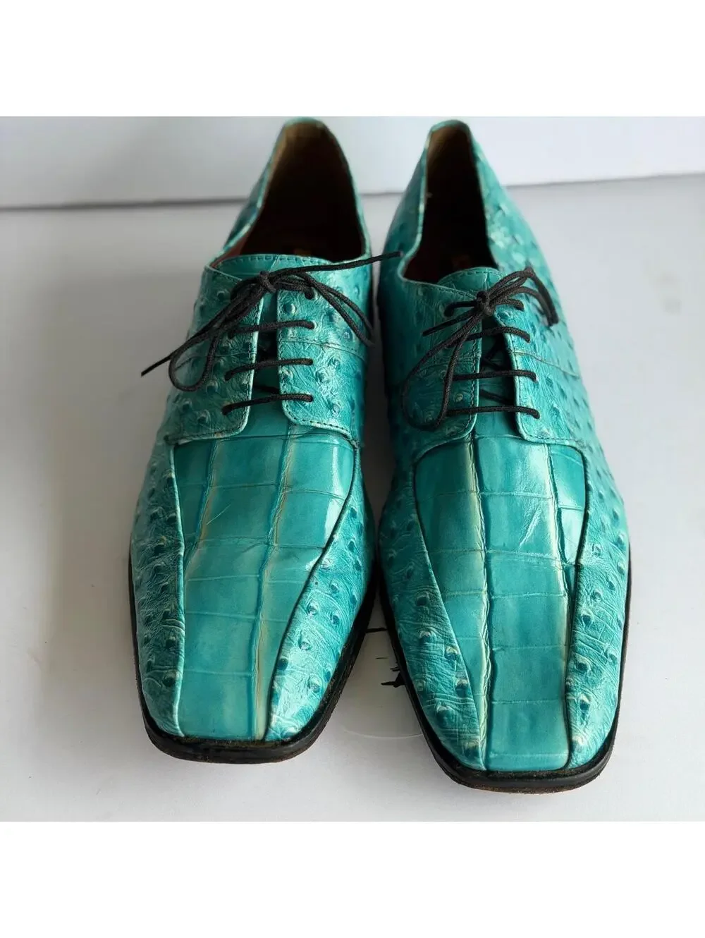 Stacy Adams Ostrich Crocodile Print Oxford Shoes‎ Men's Size 10.5M Teal Lace Up